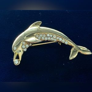 Vintage Rhinestone Dolphin Brooch